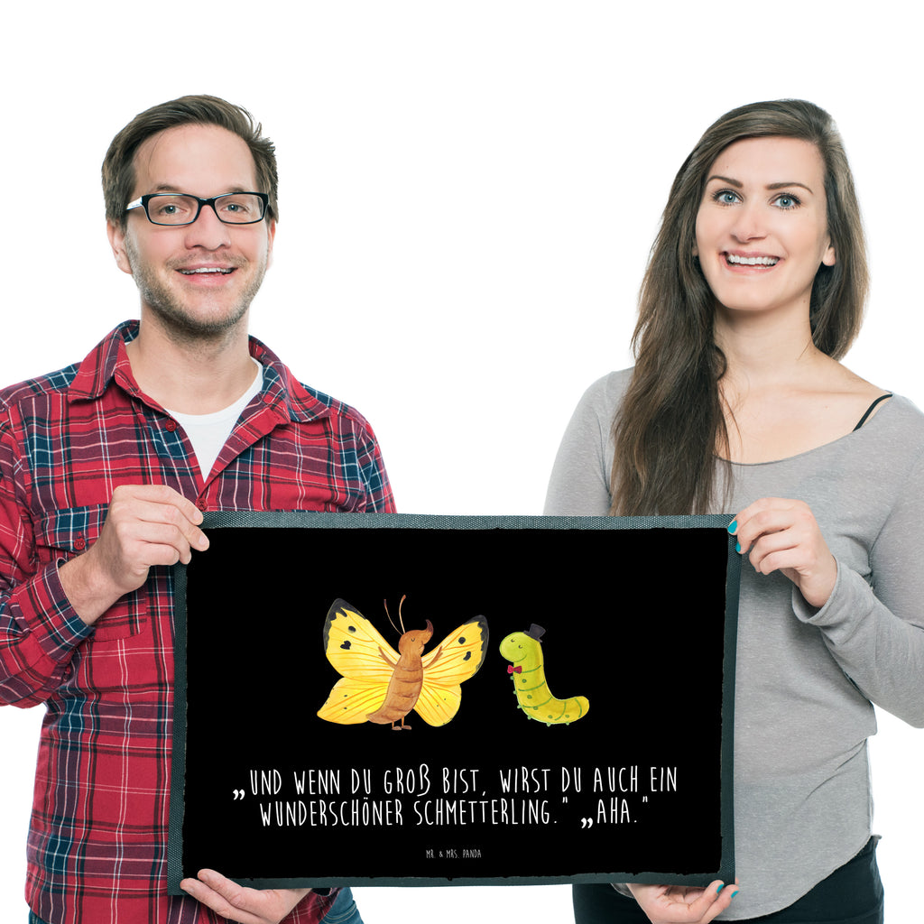 Fußmatte Raupe & Schmetterling Raupe, Schmetterling, Zitronenfalter, Entwicklung, Erwachsen werden, Kokon, Hut, Hütchen, Schönheit, Aufwachsen, Türvorleger, Schmutzmatte, Fußabtreter, Matte, Schmutzfänger, Fußabstreifer, Schmutzfangmatte, Türmatte, Motivfußmatte,  Haustürmatte, Vorleger  süße Tiermotive, gute Laune, lustige Sprüche, Tiere