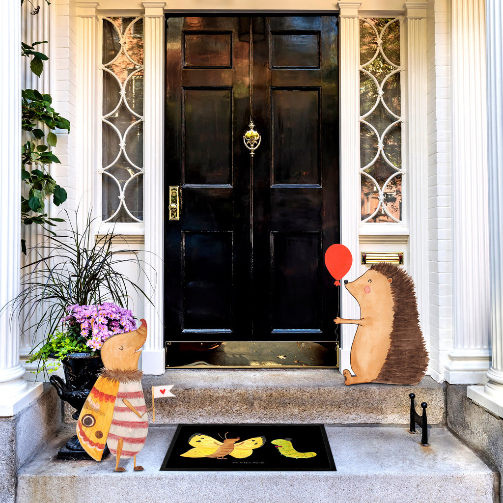 Fußmatte Raupe & Schmetterling Raupe, Schmetterling, Zitronenfalter, Entwicklung, Erwachsen werden, Kokon, Hut, Hütchen, Schönheit, Aufwachsen, Türvorleger, Schmutzmatte, Fußabtreter, Matte, Schmutzfänger, Fußabstreifer, Schmutzfangmatte, Türmatte, Motivfußmatte,  Haustürmatte, Vorleger  süße Tiermotive, gute Laune, lustige Sprüche, Tiere