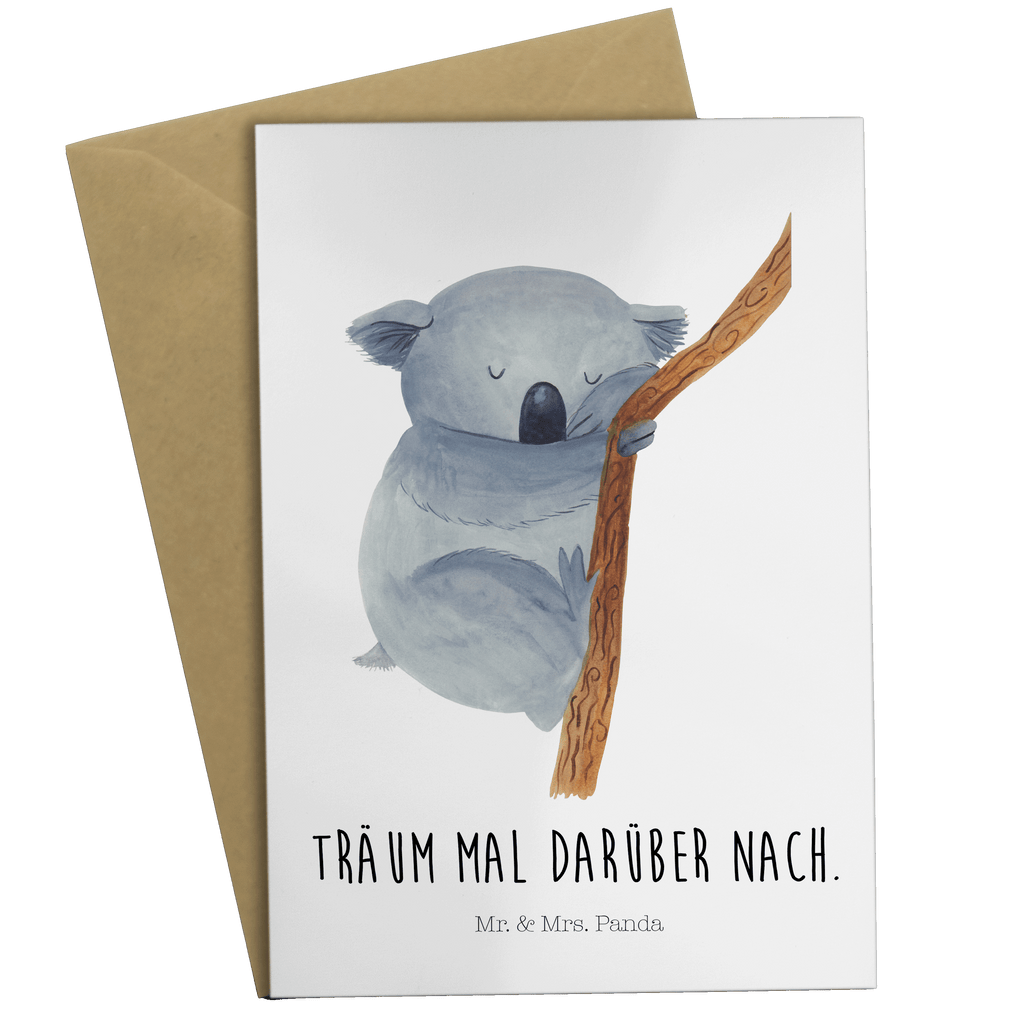 Grußkarte Koalabär Klappkarte, Einladungskarte, Glückwunschkarte, Hochzeitskarte, Geburtstagskarte, Karte, Tiermotive, Gute Laune, lustige Sprüche, Tiere, Koala, träumen, Traum, schlafen, Schlafzimmer, Traumland, Bär, Koalabär