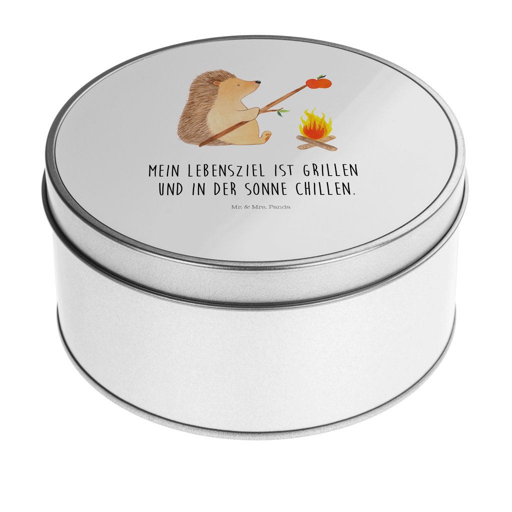 Blechdose rund Igel grillt Metalldose, Keksdose, Dose, Vorratsdose, Geschenkbox, Tiermotive, Gute Laune, lustige Sprüche, Tiere, Igel, Grillen, Ziele, Motivation, arbeitslos, Sinn des Lebens, Spruch