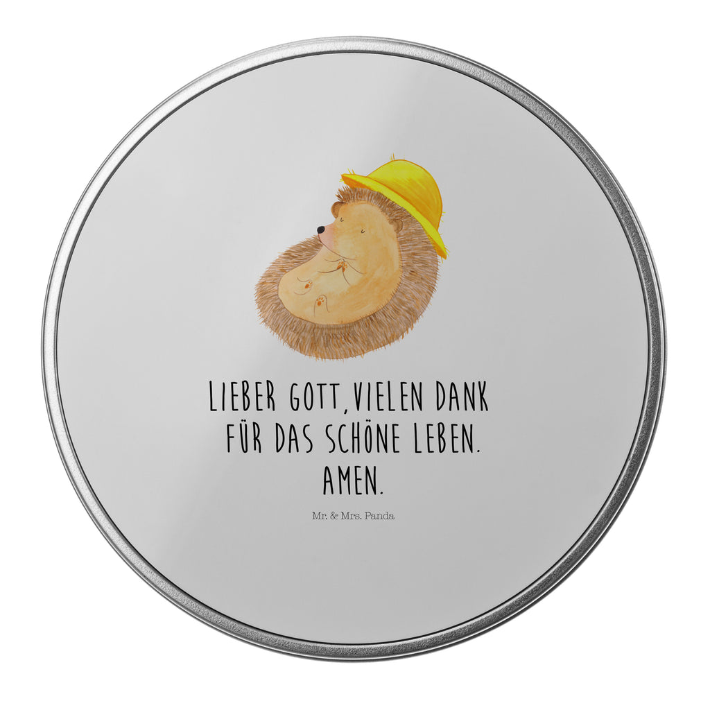 Blechdose rund Igel betet Metalldose, Keksdose, Dose, Vorratsdose, Geschenkbox, Tiermotive, Gute Laune, lustige Sprüche, Tiere, Igel, Igel mit Hut, Sonnenhut, Gott, Amen, beten, Leben, Dankbarkeit, Dankbar sein, dankbar, genießen