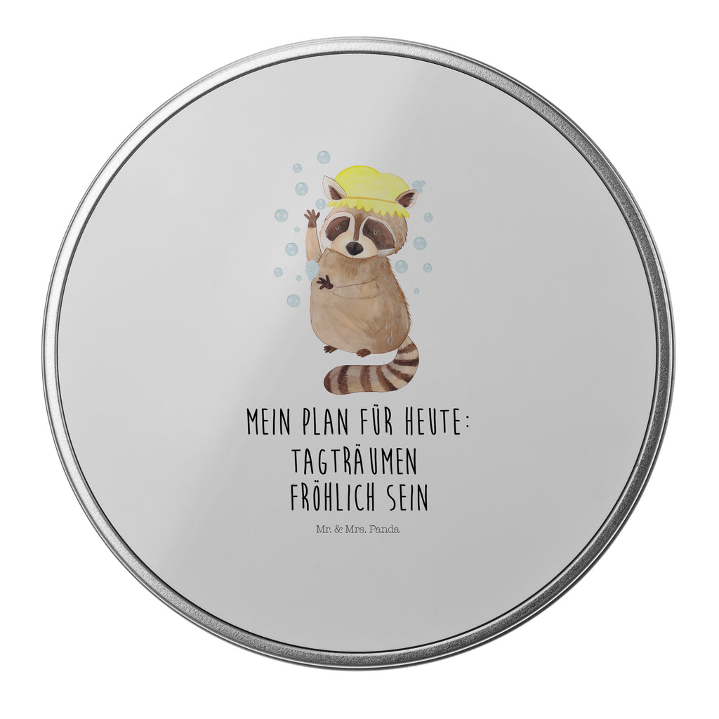Blechdose rund Waschbär Metalldose, Keksdose, Dose, Vorratsdose, Geschenkbox, Tiermotive, Gute Laune, lustige Sprüche, Tiere, Waschbär, Tagträumen, Plan, Fröhlich, waschen, Seifenblasen