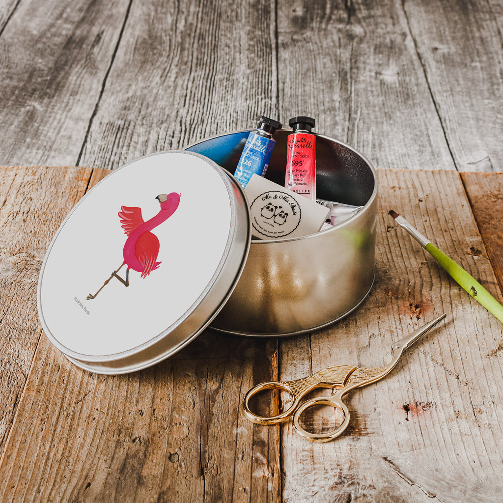 Blechdose rund Flamingo Yoga Metalldose, Keksdose, Dose, Vorratsdose, Geschenkbox, Flamingo, Vogel, Yoga, Namaste, Achtsamkeit, Yoga-Übung, Entspannung, Ärger, Aufregen, Tiefenentspannung