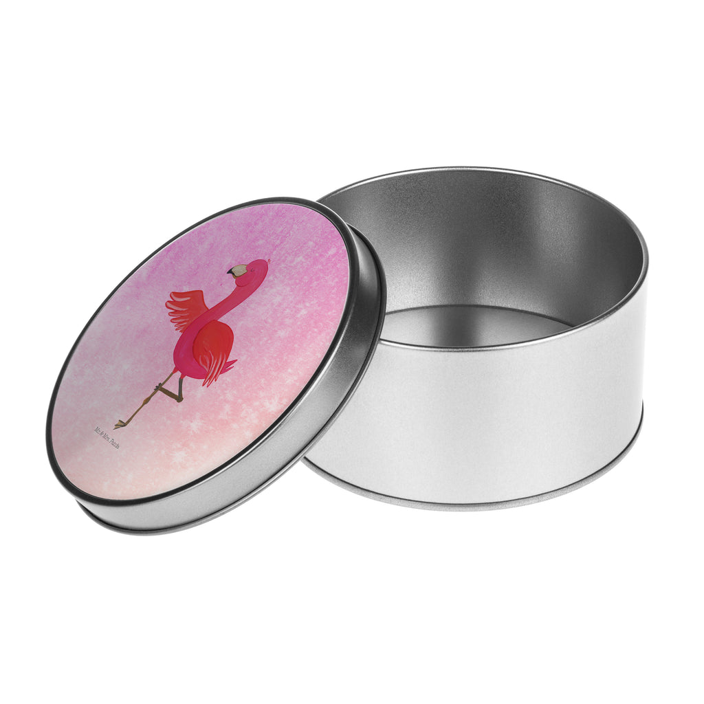 Blechdose rund Flamingo Yoga Metalldose, Keksdose, Dose, Vorratsdose, Geschenkbox, Flamingo, Vogel, Yoga, Namaste, Achtsamkeit, Yoga-Übung, Entspannung, Ärger, Aufregen, Tiefenentspannung