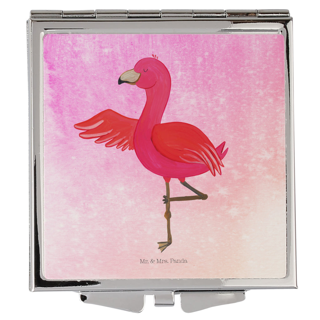 Handtaschenspiegel quadratisch Flamingo Yoga Spiegel, Handtasche, Quadrat, silber, schminken, Schminkspiegel, Flamingo, Vogel, Yoga, Namaste, Achtsamkeit, Yoga-Übung, Entspannung, Ärger, Aufregen, Tiefenentspannung