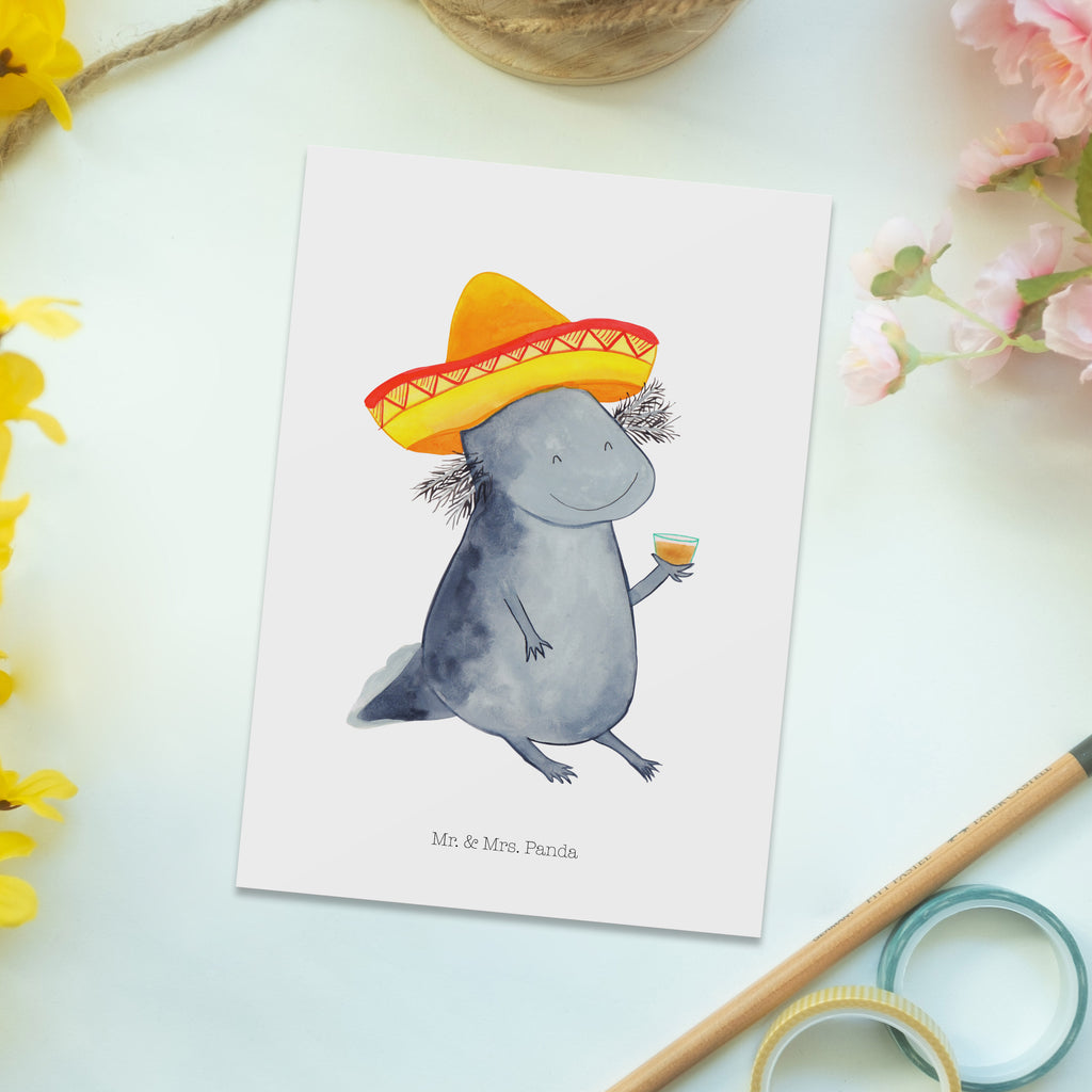 Postkarte Axolotl Tequila Geschenkkarte, Grußkarte, Karte, Einladung, Ansichtskarte, Geburtstagskarte, Einladungskarte, Dankeskarte, Axolotl, Molch, Mexico, Mexiko, Sombrero, Zitrone, Tequila, Motivation, Spruch, Schwanzlurch, Lurch, Lurche, Axolot, Feuerdrache, Feuersalamander