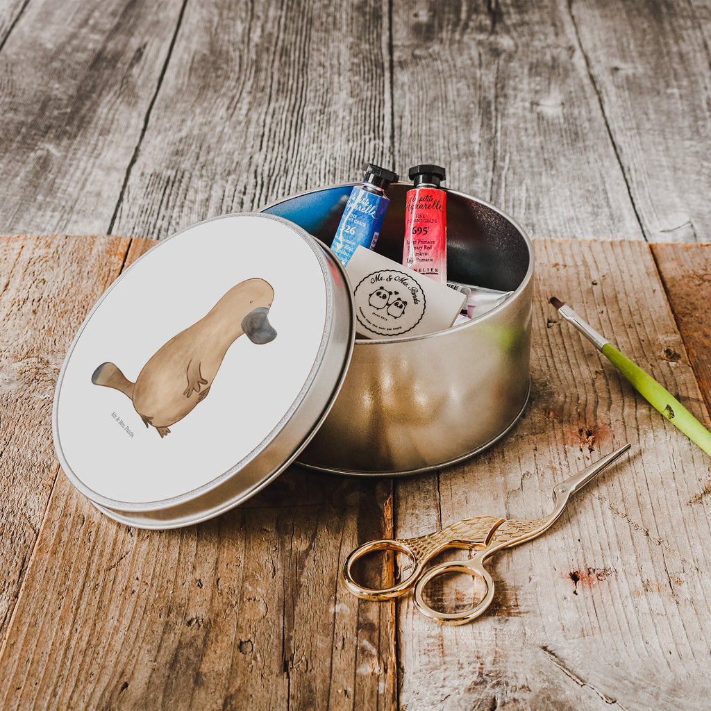 Blechdose rund Schnabeltier mutig Metalldose, Keksdose, Dose, Vorratsdose, Geschenkbox, Meerestiere, Meer, Urlaub, Schnabeltier, Mut, mutig, Lebensweisheit, Schnabeltiere, Motivation, Training, Büro, Arbeit, Neuanfang, Neustart, Weltreise, Raodtrip