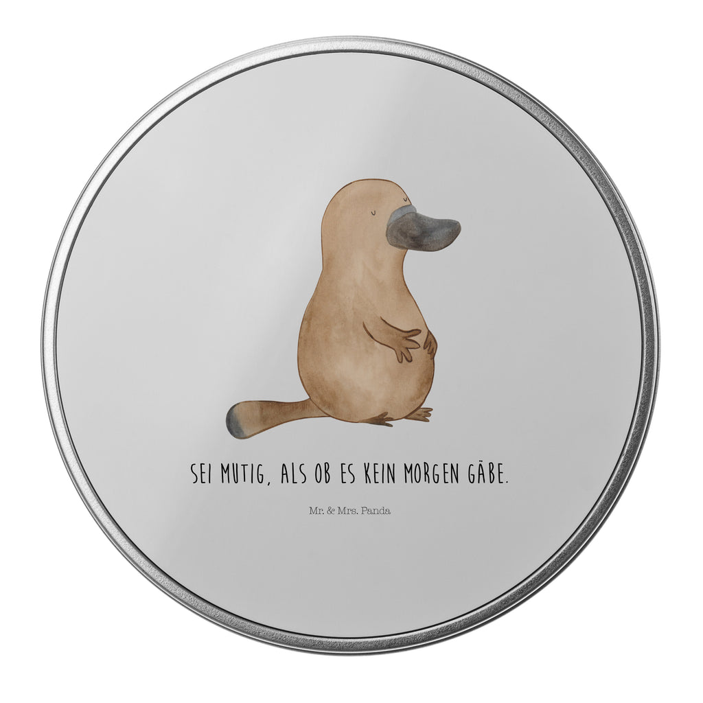 Blechdose rund Schnabeltier mutig Metalldose, Keksdose, Dose, Vorratsdose, Geschenkbox, Meerestiere, Meer, Urlaub, Schnabeltier, Mut, mutig, Lebensweisheit, Schnabeltiere, Motivation, Training, Büro, Arbeit, Neuanfang, Neustart, Weltreise, Raodtrip
