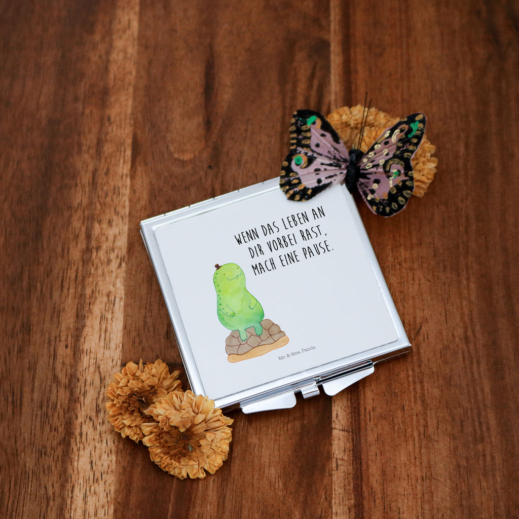 Handtaschenspiegel quadratisch Schildkröte pausiert Spiegel, Handtasche, Quadrat, silber, schminken, Schminkspiegel, Schildkröte, Achtsamkeit, Entschleunigen, achtsam