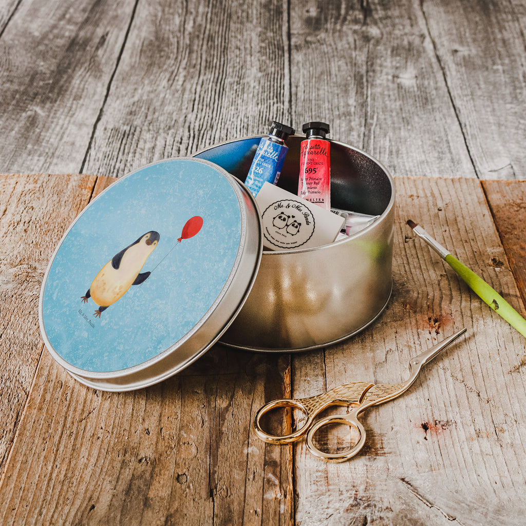 Blechdose rund Pinguin Luftballon Metalldose, Keksdose, Dose, Vorratsdose, Geschenkbox, Pinguin, Pinguine, Luftballon, Tagträume, Lebenslust, Geschenk Freundin, Geschenkidee, beste Freundin, Motivation, Neustart, neues Leben, Liebe, Glück
