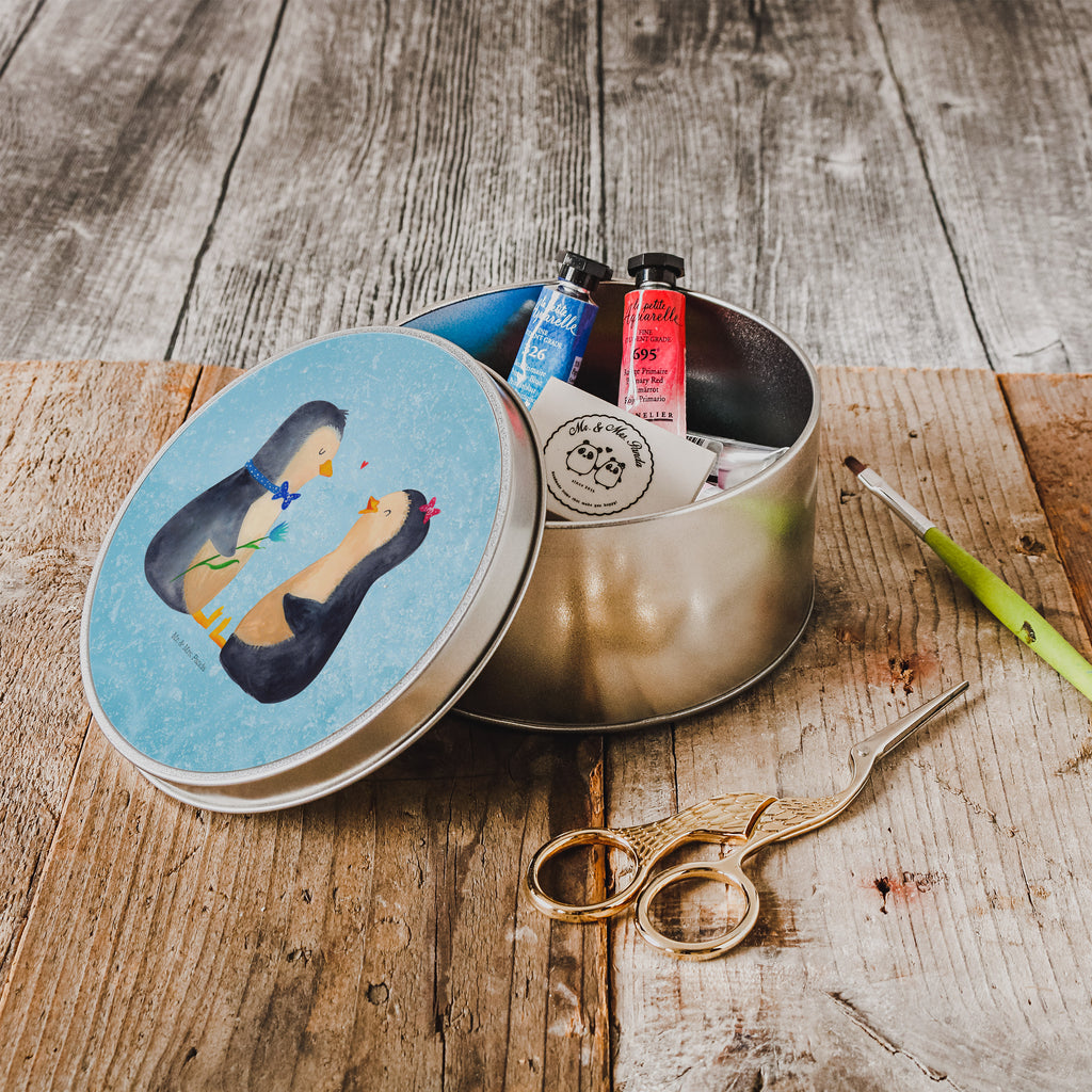 Blechdose rund Pinguin Pärchen Metalldose, Keksdose, Dose, Vorratsdose, Geschenkbox, Pinguin, Pinguine, Liebe, Liebespaar, Liebesbeweis, Liebesgeschenk, Verlobung, Jahrestag, Hochzeitstag, Hochzeit, Hochzeitsgeschenk, große Liebe, Traumpaar