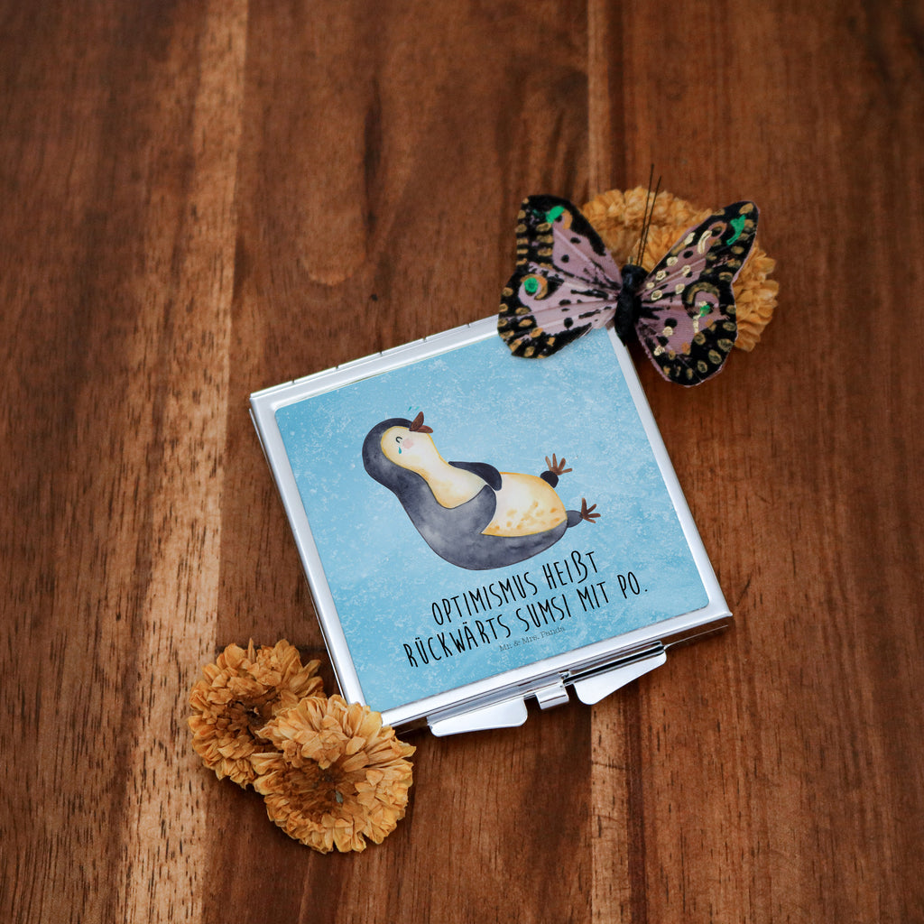 Handtaschenspiegel quadratisch Pinguin lachend Spiegel, Handtasche, Quadrat, silber, schminken, Schminkspiegel, Pinguin, Pinguine, lustiger Spruch, Optimismus, Fröhlich, Lachen, Humor, Fröhlichkeit