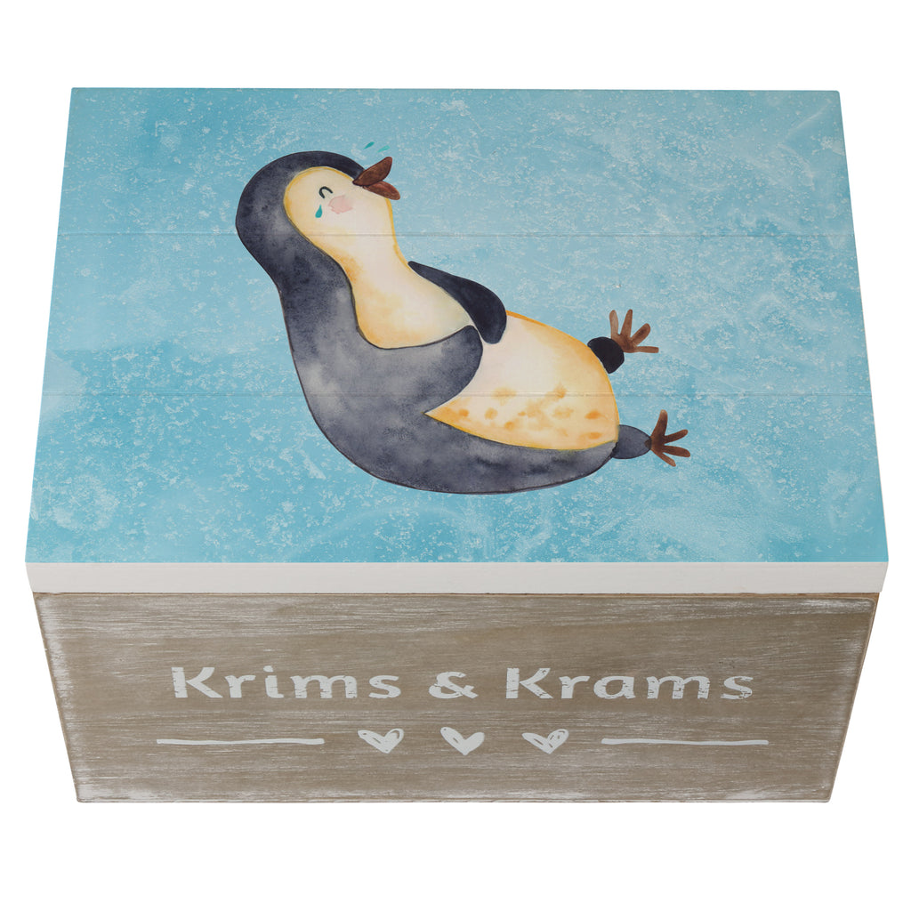 Holzkiste Pinguin lachend Holzkiste, Kiste, Schatzkiste, Truhe, Schatulle, XXL, Erinnerungsbox, Erinnerungskiste, Dekokiste, Aufbewahrungsbox, Pinguin, Pinguine, lustiger Spruch, Optimismus, Fröhlich, Lachen, Humor, Fröhlichkeit