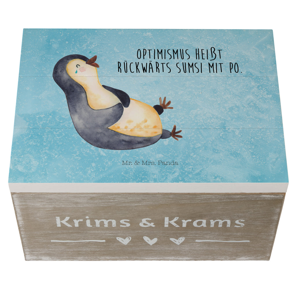 Holzkiste Pinguin lachend Holzkiste, Kiste, Schatzkiste, Truhe, Schatulle, XXL, Erinnerungsbox, Erinnerungskiste, Dekokiste, Aufbewahrungsbox, Pinguin, Pinguine, lustiger Spruch, Optimismus, Fröhlich, Lachen, Humor, Fröhlichkeit