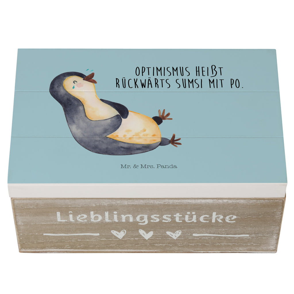 Holzkiste Pinguin lachend Holzkiste, Kiste, Schatzkiste, Truhe, Schatulle, XXL, Erinnerungsbox, Erinnerungskiste, Dekokiste, Aufbewahrungsbox, Pinguin, Pinguine, lustiger Spruch, Optimismus, Fröhlich, Lachen, Humor, Fröhlichkeit