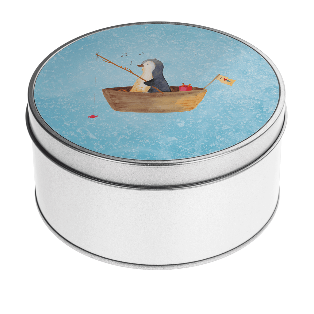 Blechdose rund Pinguin Angelboot Metalldose, Keksdose, Dose, Vorratsdose, Geschenkbox, Pinguin, Pinguine, Angeln, Boot, Angelboot, Lebenslust, Leben, genießen, Motivation, Neustart, Neuanfang, Trennung, Scheidung, Geschenkidee Liebeskummer