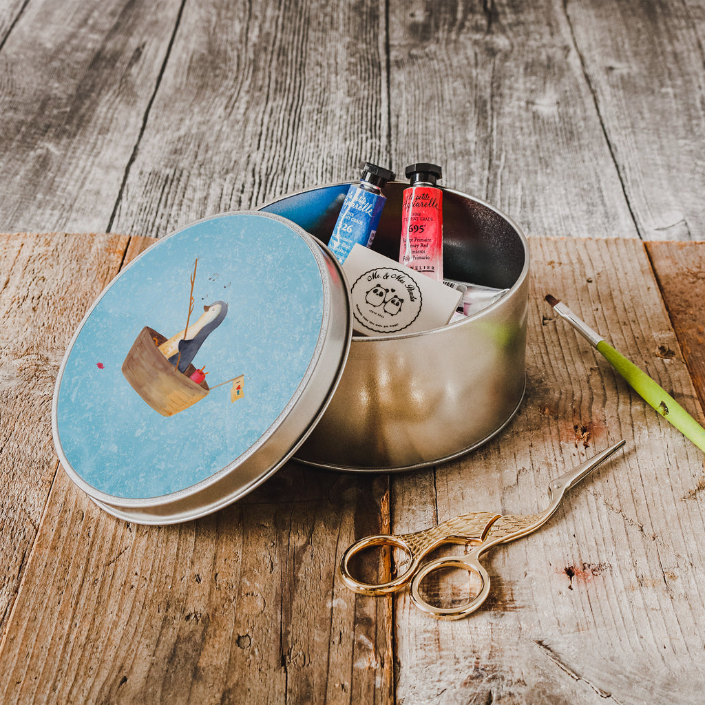 Blechdose rund Pinguin Angelboot Metalldose, Keksdose, Dose, Vorratsdose, Geschenkbox, Pinguin, Pinguine, Angeln, Boot, Angelboot, Lebenslust, Leben, genießen, Motivation, Neustart, Neuanfang, Trennung, Scheidung, Geschenkidee Liebeskummer