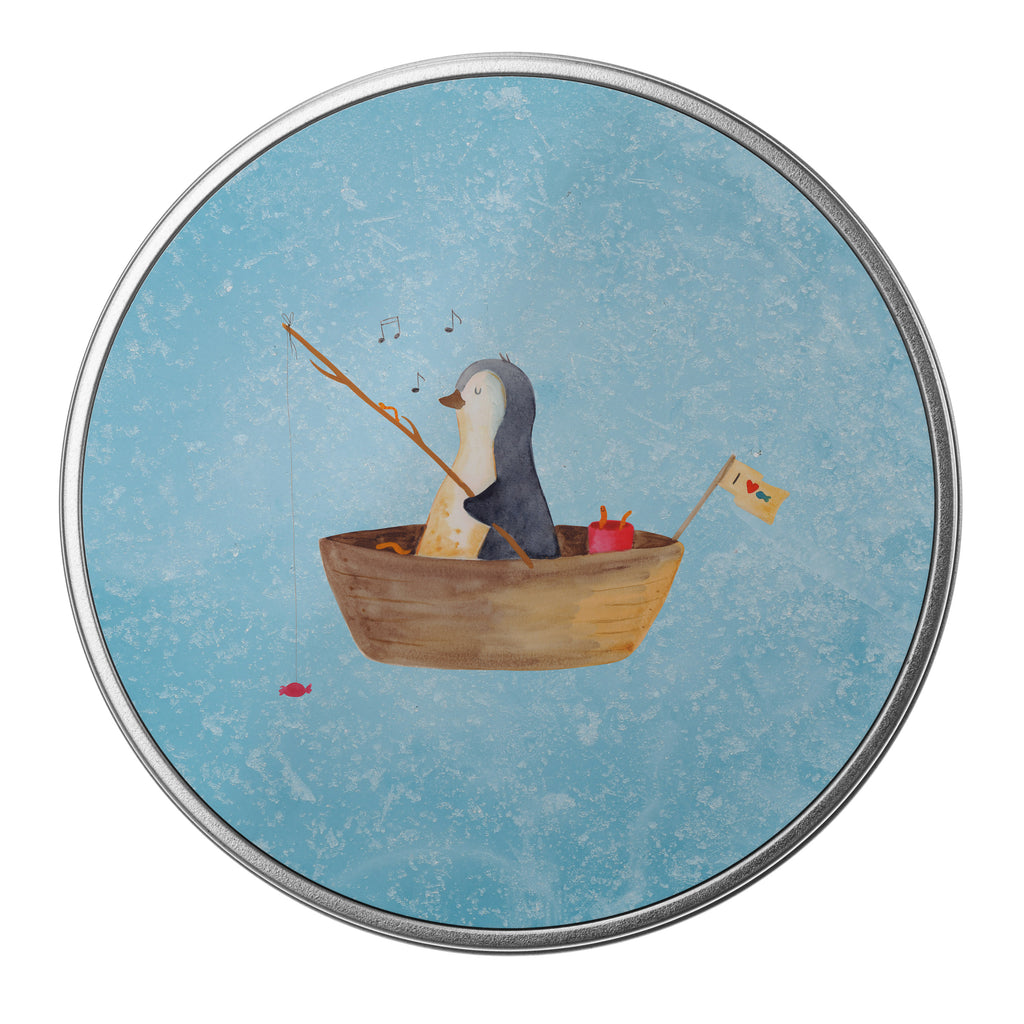Blechdose rund Pinguin Angelboot Metalldose, Keksdose, Dose, Vorratsdose, Geschenkbox, Pinguin, Pinguine, Angeln, Boot, Angelboot, Lebenslust, Leben, genießen, Motivation, Neustart, Neuanfang, Trennung, Scheidung, Geschenkidee Liebeskummer