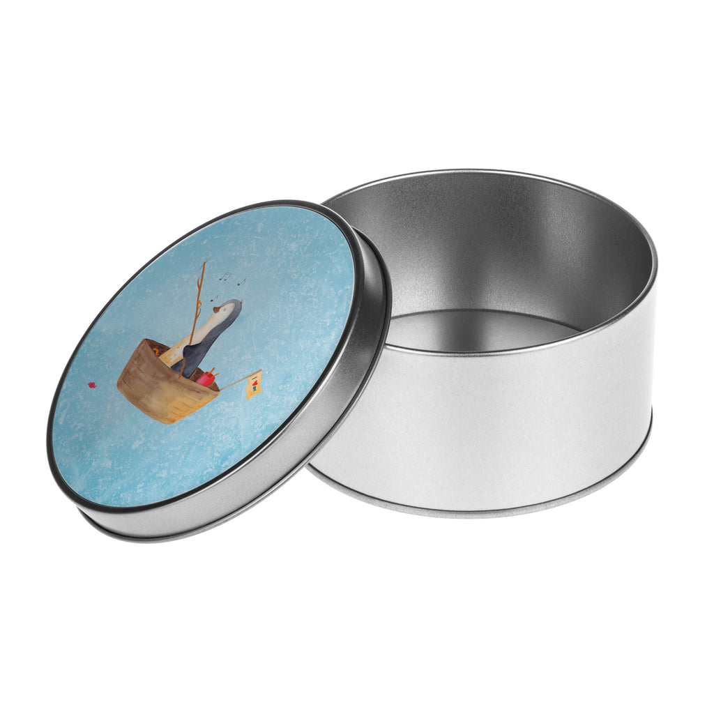 Blechdose rund Pinguin Angelboot Metalldose, Keksdose, Dose, Vorratsdose, Geschenkbox, Pinguin, Pinguine, Angeln, Boot, Angelboot, Lebenslust, Leben, genießen, Motivation, Neustart, Neuanfang, Trennung, Scheidung, Geschenkidee Liebeskummer