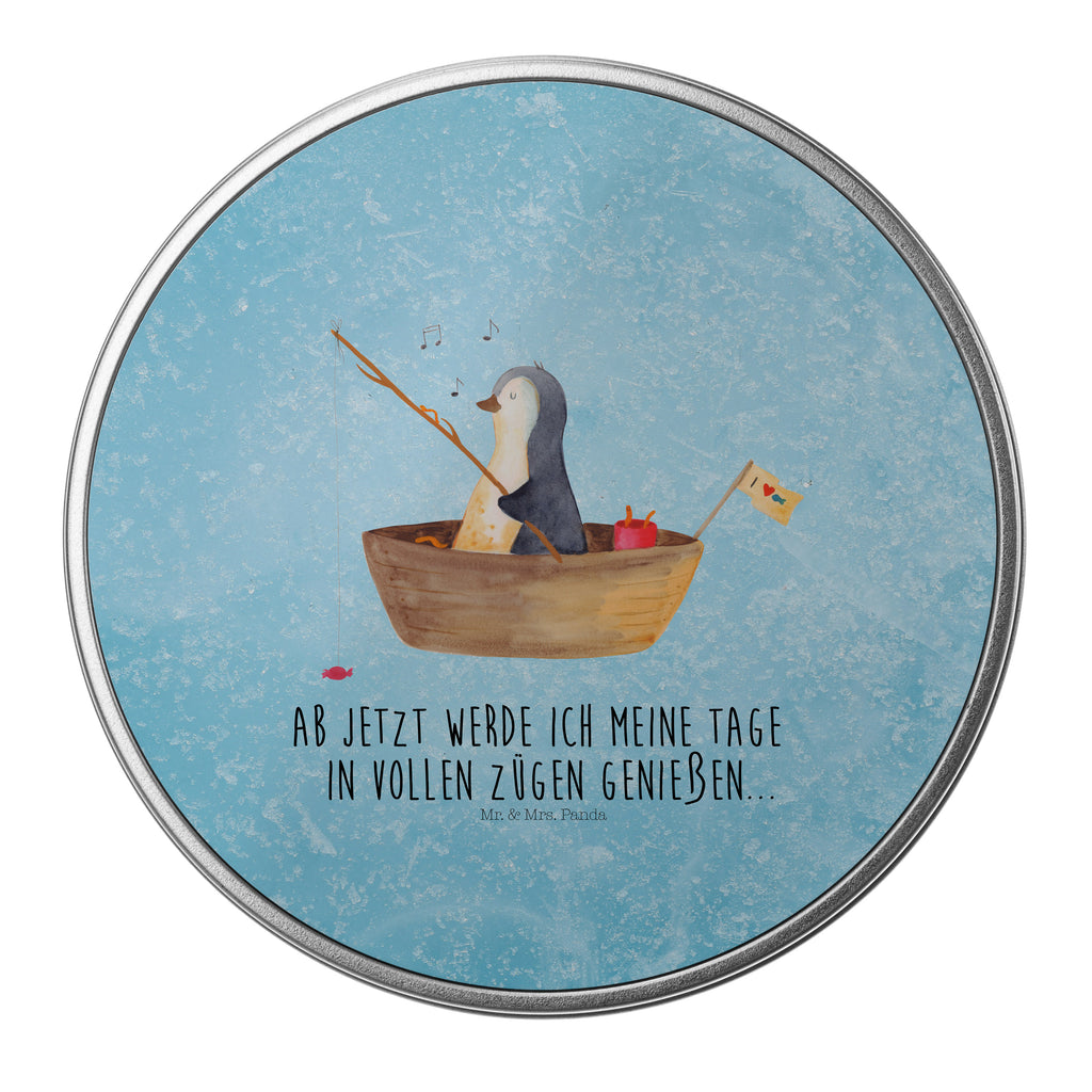 Blechdose rund Pinguin Angelboot Metalldose, Keksdose, Dose, Vorratsdose, Geschenkbox, Pinguin, Pinguine, Angeln, Boot, Angelboot, Lebenslust, Leben, genießen, Motivation, Neustart, Neuanfang, Trennung, Scheidung, Geschenkidee Liebeskummer
