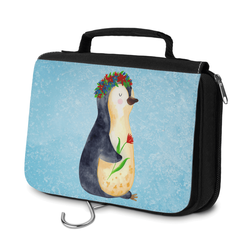 Kulturbeutel Pinguin Blumenkranz Kulturbeutel, Zum Aufhängen, Waschtasche, Kosmetiktasche, Damen, Herren, Aufbewahrungstasche, Schminktasche, Kosmetikbeutel, Organizer, Kulturtasche, Schminkutensil, Pinguin, Pinguine, Blumenkranz, Universum, Leben, Wünsche, Ziele, Lebensziele, Motivation, Lebenslust, Liebeskummer, Geschenkidee