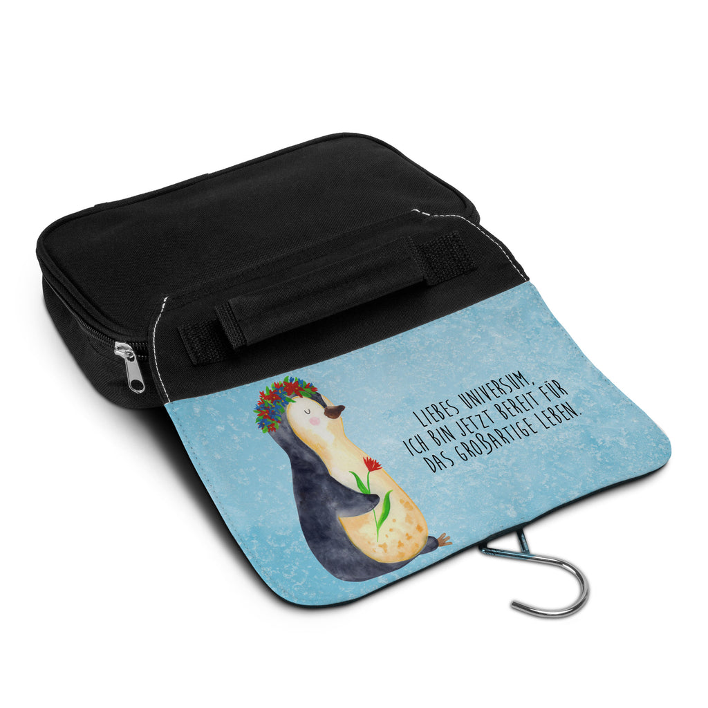 Kulturbeutel Pinguin Blumenkranz Kulturbeutel, Zum Aufhängen, Waschtasche, Kosmetiktasche, Damen, Herren, Aufbewahrungstasche, Schminktasche, Kosmetikbeutel, Organizer, Kulturtasche, Schminkutensil, Pinguin, Pinguine, Blumenkranz, Universum, Leben, Wünsche, Ziele, Lebensziele, Motivation, Lebenslust, Liebeskummer, Geschenkidee