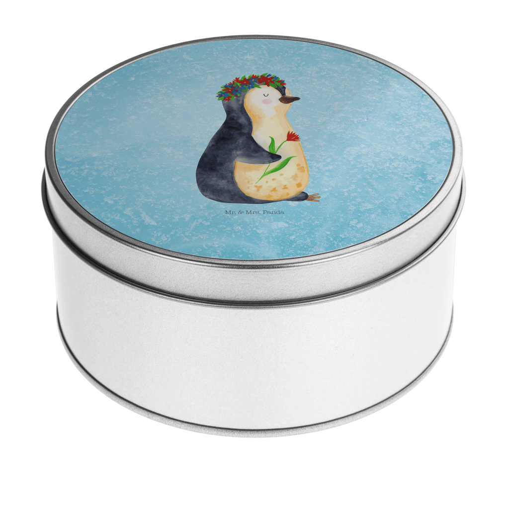 Blechdose rund Pinguin Blumenkranz Metalldose, Keksdose, Dose, Vorratsdose, Geschenkbox, Pinguin, Pinguine, Blumenkranz, Universum, Leben, Wünsche, Ziele, Lebensziele, Motivation, Lebenslust, Liebeskummer, Geschenkidee