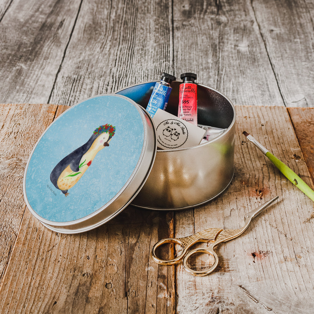 Blechdose rund Pinguin Blumenkranz Metalldose, Keksdose, Dose, Vorratsdose, Geschenkbox, Pinguin, Pinguine, Blumenkranz, Universum, Leben, Wünsche, Ziele, Lebensziele, Motivation, Lebenslust, Liebeskummer, Geschenkidee