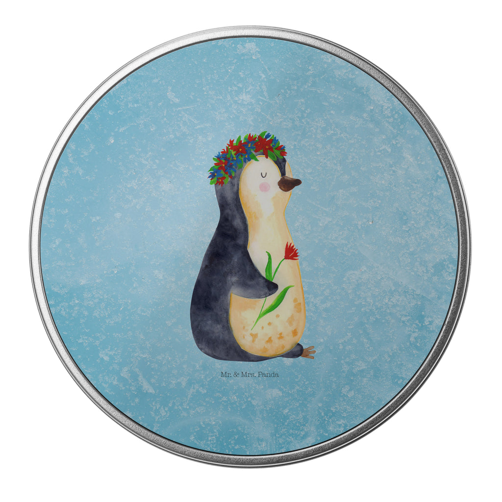 Blechdose rund Pinguin Blumenkranz Metalldose, Keksdose, Dose, Vorratsdose, Geschenkbox, Pinguin, Pinguine, Blumenkranz, Universum, Leben, Wünsche, Ziele, Lebensziele, Motivation, Lebenslust, Liebeskummer, Geschenkidee