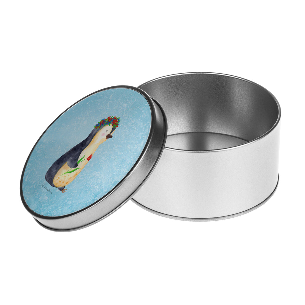 Blechdose rund Pinguin Blumenkranz Metalldose, Keksdose, Dose, Vorratsdose, Geschenkbox, Pinguin, Pinguine, Blumenkranz, Universum, Leben, Wünsche, Ziele, Lebensziele, Motivation, Lebenslust, Liebeskummer, Geschenkidee