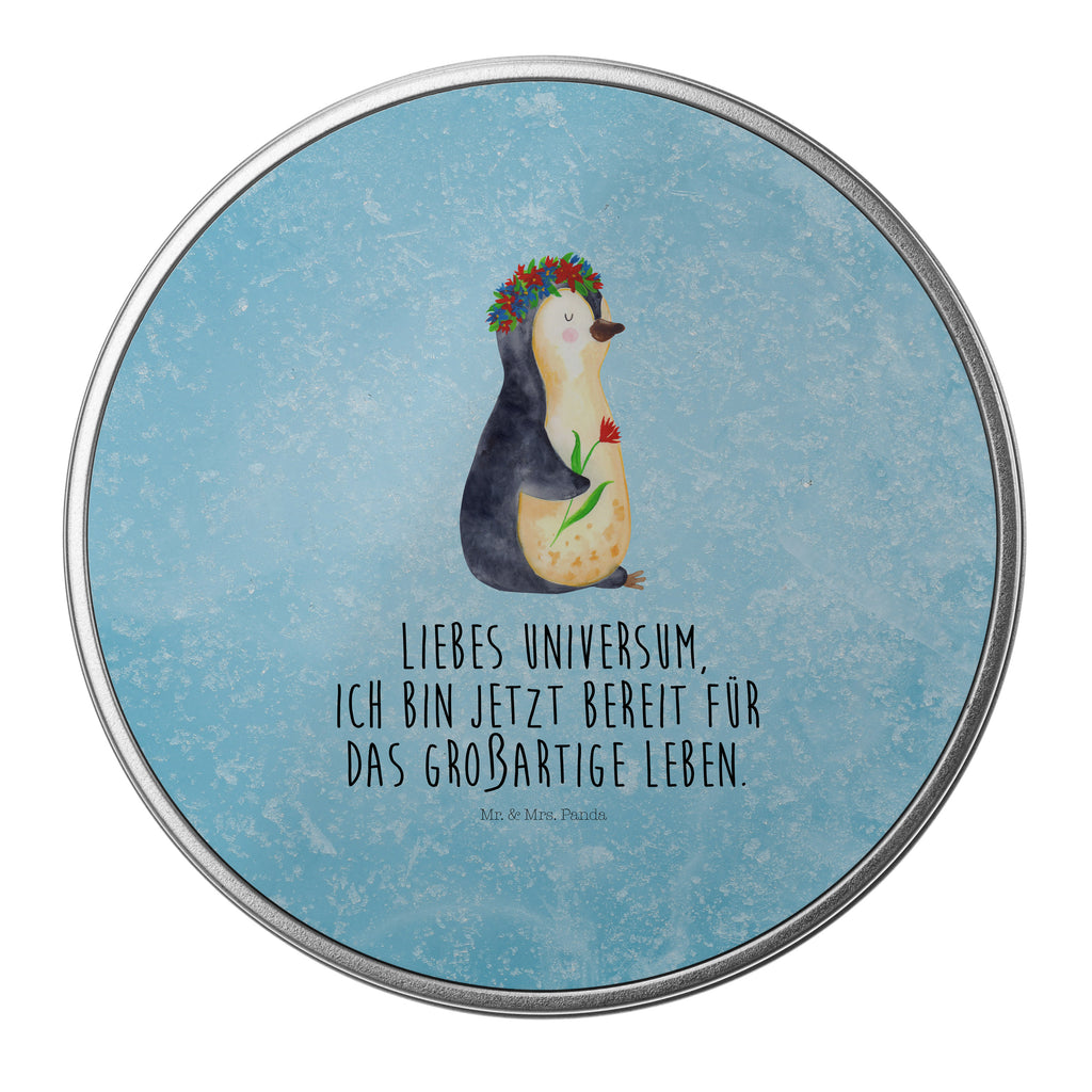 Blechdose rund Pinguin Blumenkranz Metalldose, Keksdose, Dose, Vorratsdose, Geschenkbox, Pinguin, Pinguine, Blumenkranz, Universum, Leben, Wünsche, Ziele, Lebensziele, Motivation, Lebenslust, Liebeskummer, Geschenkidee