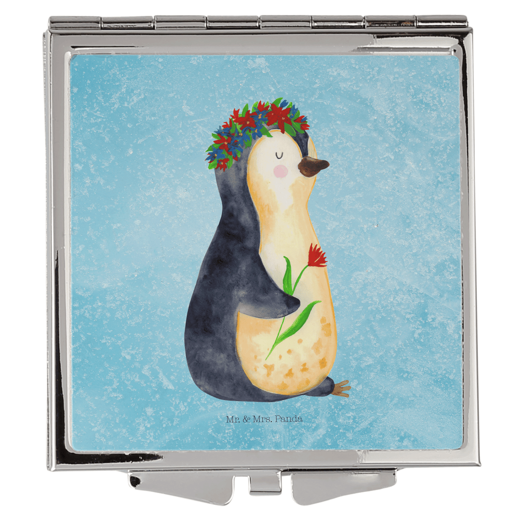 Handtaschenspiegel quadratisch Pinguin Blumenkranz Spiegel, Handtasche, Quadrat, silber, schminken, Schminkspiegel, Pinguin, Pinguine, Blumenkranz, Universum, Leben, Wünsche, Ziele, Lebensziele, Motivation, Lebenslust, Liebeskummer, Geschenkidee
