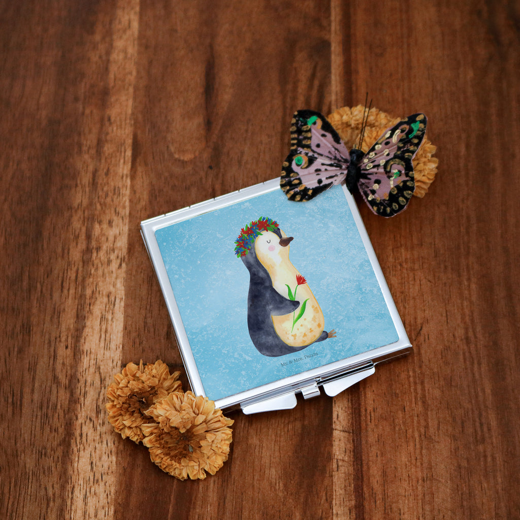 Handtaschenspiegel quadratisch Pinguin Blumenkranz Spiegel, Handtasche, Quadrat, silber, schminken, Schminkspiegel, Pinguin, Pinguine, Blumenkranz, Universum, Leben, Wünsche, Ziele, Lebensziele, Motivation, Lebenslust, Liebeskummer, Geschenkidee