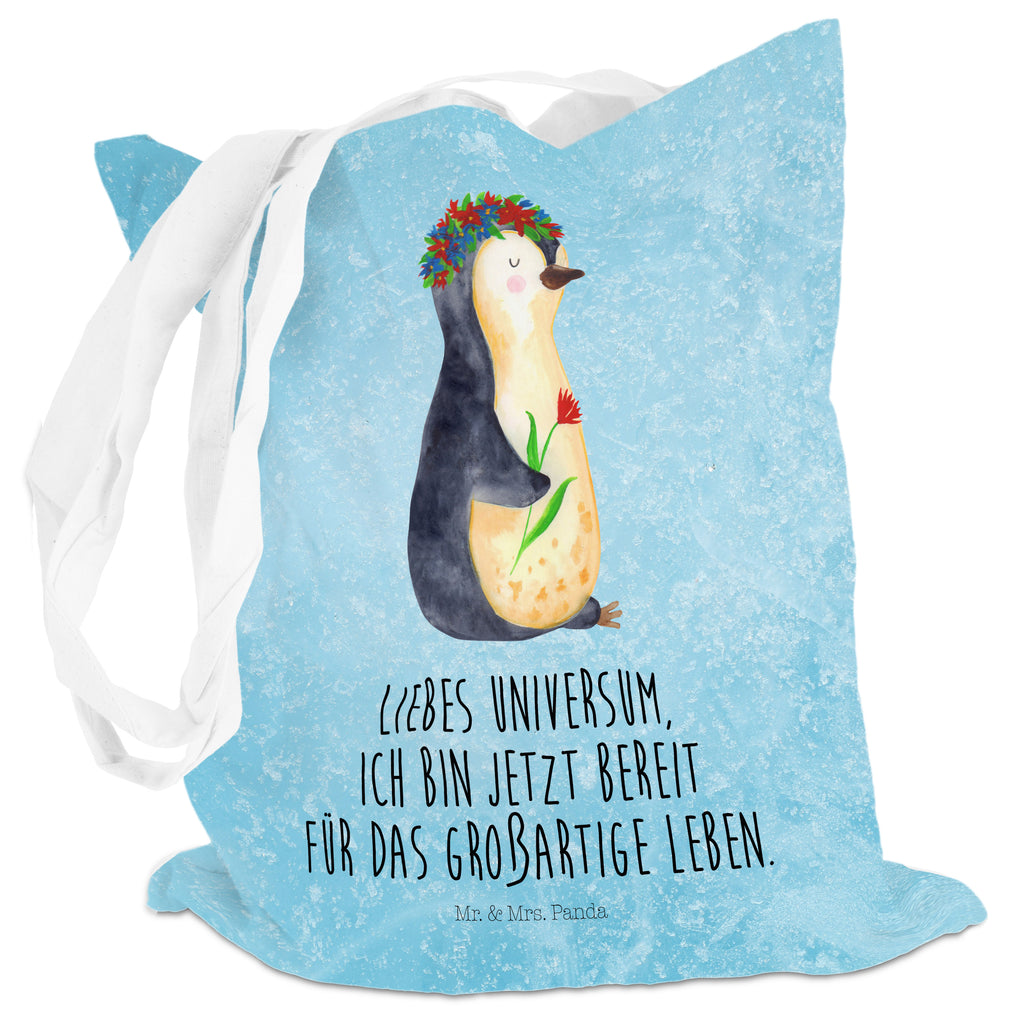 Tragetasche Pinguin Blumenkranz Beuteltasche, Beutel, Einkaufstasche, Jutebeutel, Stoffbeutel, Pinguin, Pinguine, Blumenkranz, Universum, Leben, Wünsche, Ziele, Lebensziele, Motivation, Lebenslust, Liebeskummer, Geschenkidee