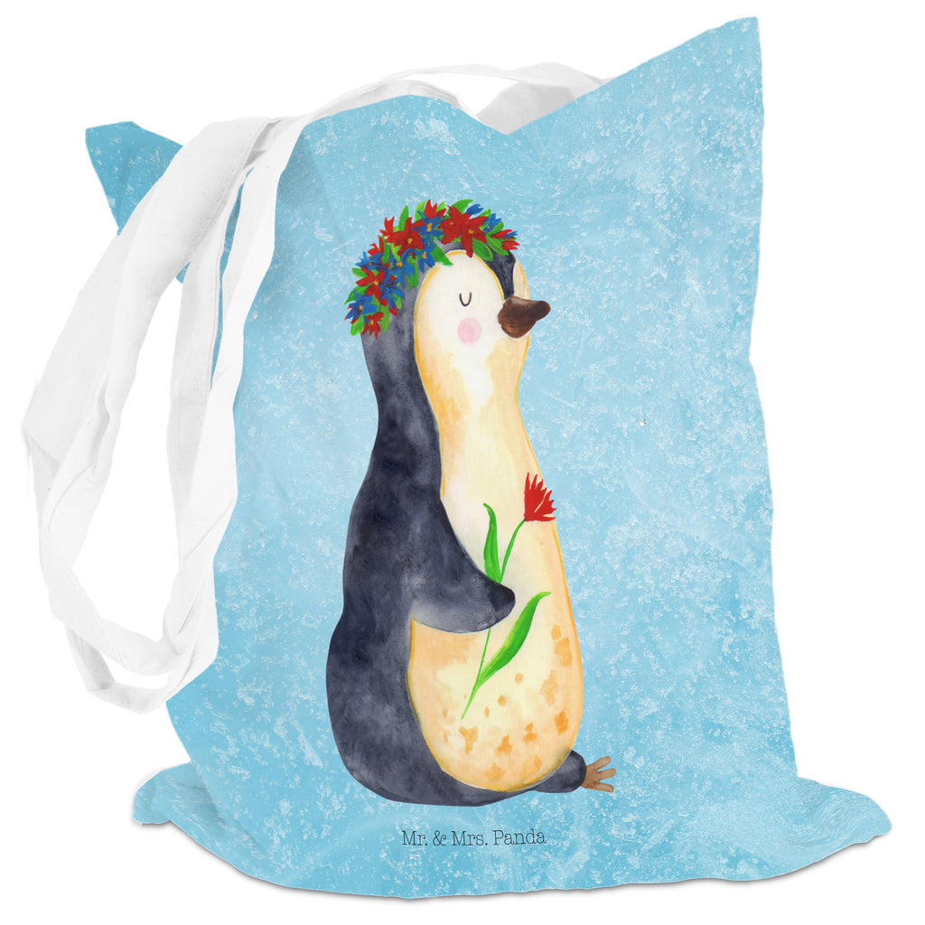 Tragetasche Pinguin Blumenkranz Beuteltasche, Beutel, Einkaufstasche, Jutebeutel, Stoffbeutel, Pinguin, Pinguine, Blumenkranz, Universum, Leben, Wünsche, Ziele, Lebensziele, Motivation, Lebenslust, Liebeskummer, Geschenkidee