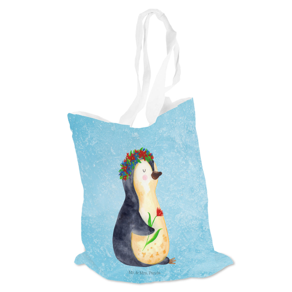 Tragetasche Pinguin Blumenkranz Beuteltasche, Beutel, Einkaufstasche, Jutebeutel, Stoffbeutel, Pinguin, Pinguine, Blumenkranz, Universum, Leben, Wünsche, Ziele, Lebensziele, Motivation, Lebenslust, Liebeskummer, Geschenkidee