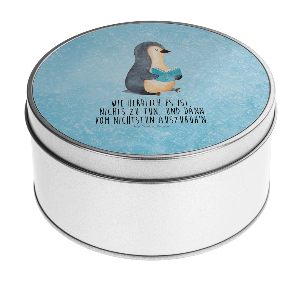 Blechdose rund Pinguin Buch Metalldose, Keksdose, Dose, Vorratsdose, Geschenkbox, Pinguin, Pinguine, Buch, Lesen, Bücherwurm, Nichtstun, Faulenzen, Ferien, Urlaub, Freizeit