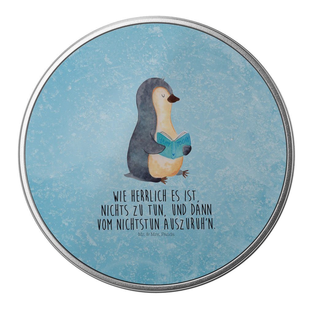 Blechdose rund Pinguin Buch Metalldose, Keksdose, Dose, Vorratsdose, Geschenkbox, Pinguin, Pinguine, Buch, Lesen, Bücherwurm, Nichtstun, Faulenzen, Ferien, Urlaub, Freizeit