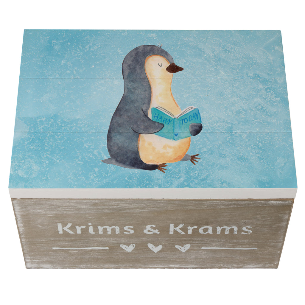Holzkiste Pinguin Buch Holzkiste, Kiste, Schatzkiste, Truhe, Schatulle, XXL, Erinnerungsbox, Erinnerungskiste, Dekokiste, Aufbewahrungsbox, Pinguin, Pinguine, Buch, Lesen, Bücherwurm, Nichtstun, Faulenzen, Ferien, Urlaub, Freizeit