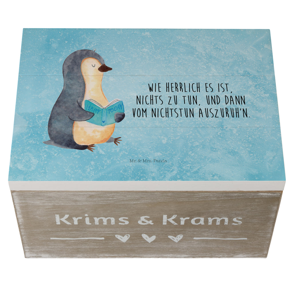 Holzkiste Pinguin Buch Holzkiste, Kiste, Schatzkiste, Truhe, Schatulle, XXL, Erinnerungsbox, Erinnerungskiste, Dekokiste, Aufbewahrungsbox, Pinguin, Pinguine, Buch, Lesen, Bücherwurm, Nichtstun, Faulenzen, Ferien, Urlaub, Freizeit