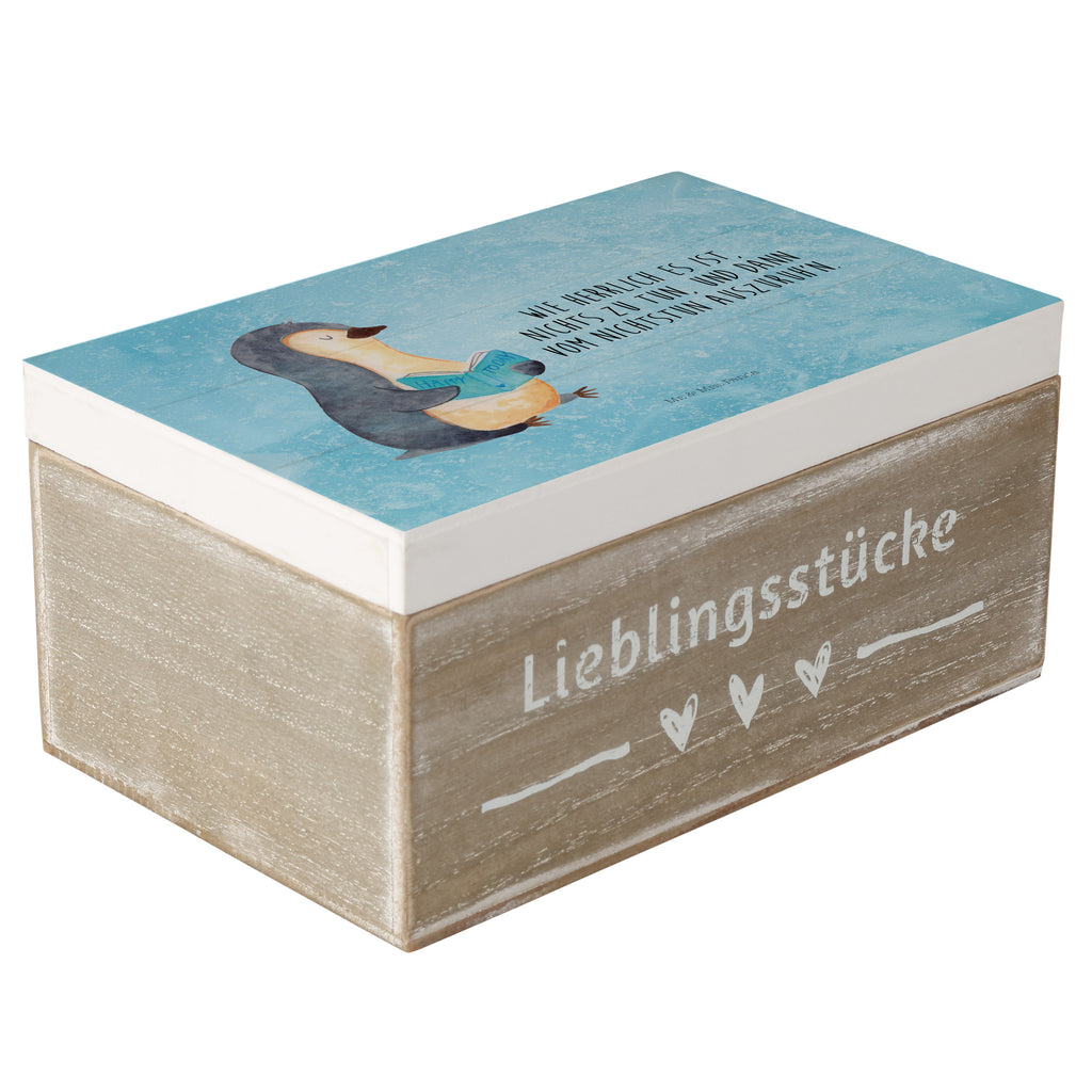 Holzkiste Pinguin Buch Holzkiste, Kiste, Schatzkiste, Truhe, Schatulle, XXL, Erinnerungsbox, Erinnerungskiste, Dekokiste, Aufbewahrungsbox, Pinguin, Pinguine, Buch, Lesen, Bücherwurm, Nichtstun, Faulenzen, Ferien, Urlaub, Freizeit
