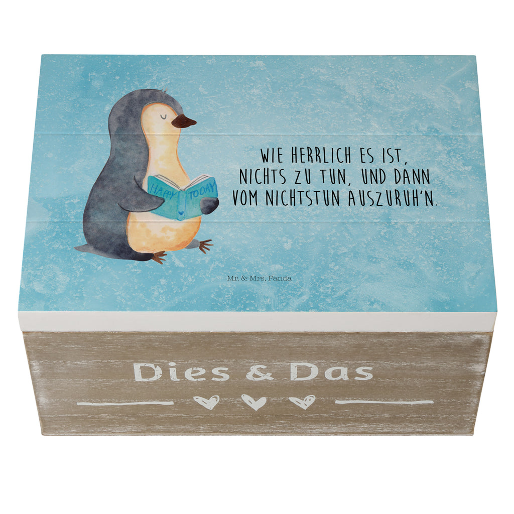 Holzkiste Pinguin Buch Holzkiste, Kiste, Schatzkiste, Truhe, Schatulle, XXL, Erinnerungsbox, Erinnerungskiste, Dekokiste, Aufbewahrungsbox, Pinguin, Pinguine, Buch, Lesen, Bücherwurm, Nichtstun, Faulenzen, Ferien, Urlaub, Freizeit