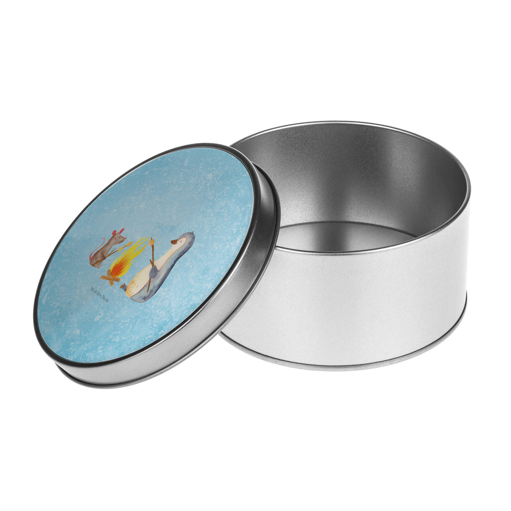 Blechdose rund Pinguin Lagerfeuer Metalldose, Keksdose, Dose, Vorratsdose, Geschenkbox, Pinguin, Maus, Pinguine, Lagerfeuer, Leben, Arbeit, Job, Motivation, Büro, Büroalltag, Lebensspruch, Lebensmotivation, Neustart, Liebe, grillen, Feuer, Marshmallows