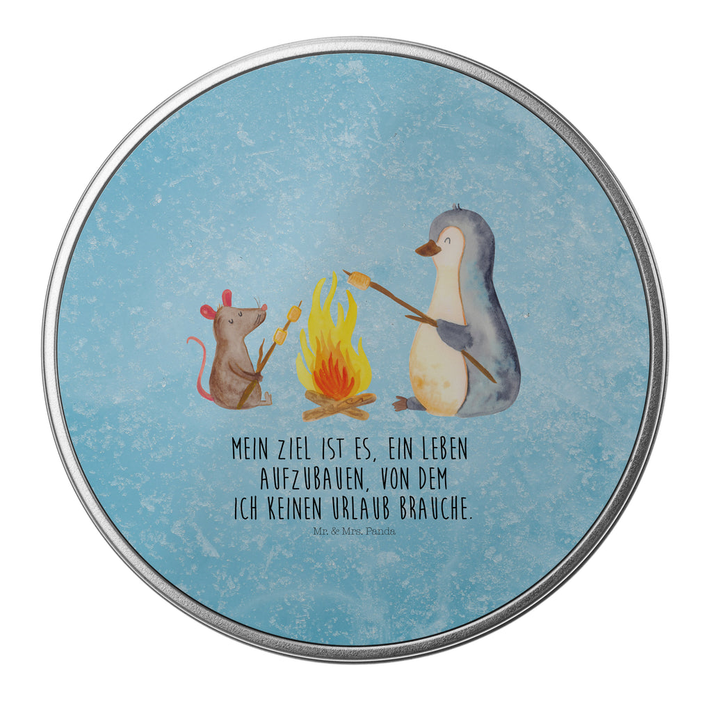 Blechdose rund Pinguin Lagerfeuer Metalldose, Keksdose, Dose, Vorratsdose, Geschenkbox, Pinguin, Maus, Pinguine, Lagerfeuer, Leben, Arbeit, Job, Motivation, Büro, Büroalltag, Lebensspruch, Lebensmotivation, Neustart, Liebe, grillen, Feuer, Marshmallows