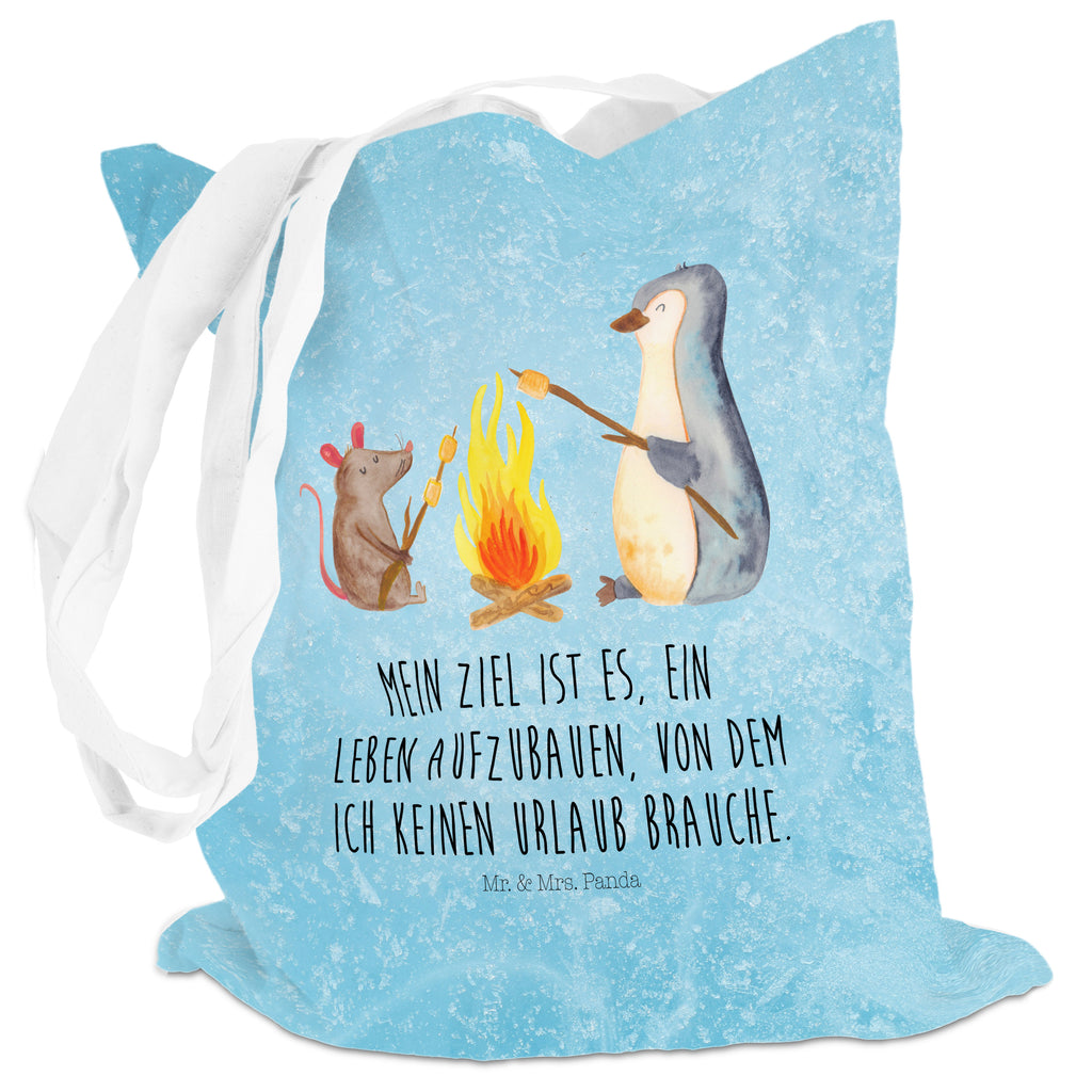 Tragetasche Pinguin Lagerfeuer Beuteltasche, Beutel, Einkaufstasche, Jutebeutel, Stoffbeutel, Pinguin, Maus, Pinguine, Lagerfeuer, Leben, Arbeit, Job, Motivation, Büro, Büroalltag, Lebensspruch, Lebensmotivation, Neustart, Liebe, grillen, Feuer, Marshmallows