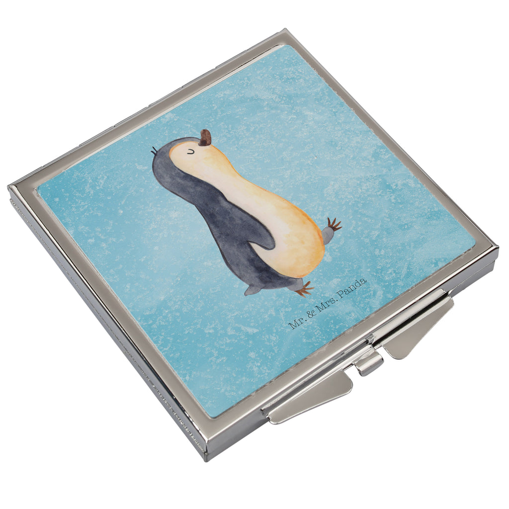 Handtaschenspiegel quadratisch Pinguin marschierend Spiegel, Handtasche, Quadrat, silber, schminken, Schminkspiegel, Pinguin, Pinguine, Frühaufsteher, Langschläfer, Bruder, Schwester, Familie