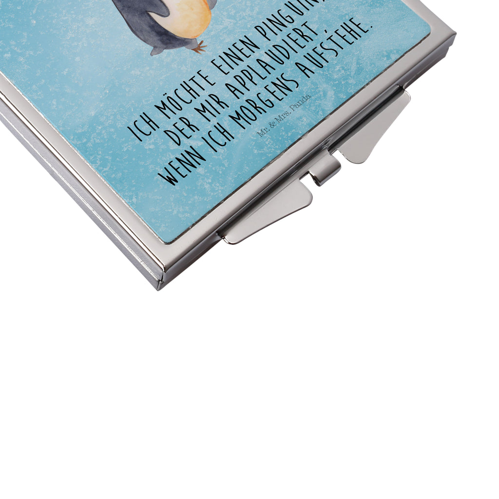 Handtaschenspiegel quadratisch Pinguin marschierend Spiegel, Handtasche, Quadrat, silber, schminken, Schminkspiegel, Pinguin, Pinguine, Frühaufsteher, Langschläfer, Bruder, Schwester, Familie
