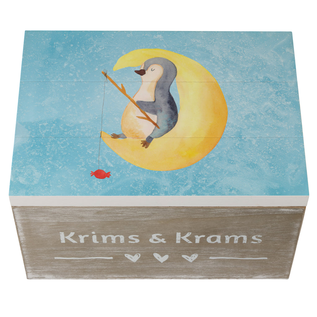 Holzkiste Pinguin Mond Holzkiste, Kiste, Schatzkiste, Truhe, Schatulle, XXL, Erinnerungsbox, Erinnerungskiste, Dekokiste, Aufbewahrungsbox, Pinguin, Pinguine, Spruch, schlafen, Nachtruhe, Einschlafen, Schlafzimmer, Schlafstörungen, Gästezimmer