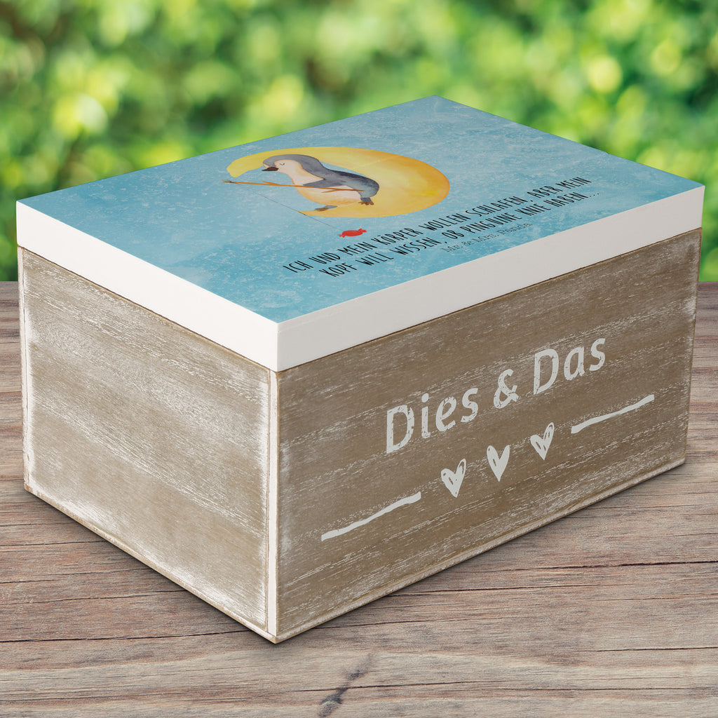 Holzkiste Pinguin Mond Holzkiste, Kiste, Schatzkiste, Truhe, Schatulle, XXL, Erinnerungsbox, Erinnerungskiste, Dekokiste, Aufbewahrungsbox, Pinguin, Pinguine, Spruch, schlafen, Nachtruhe, Einschlafen, Schlafzimmer, Schlafstörungen, Gästezimmer
