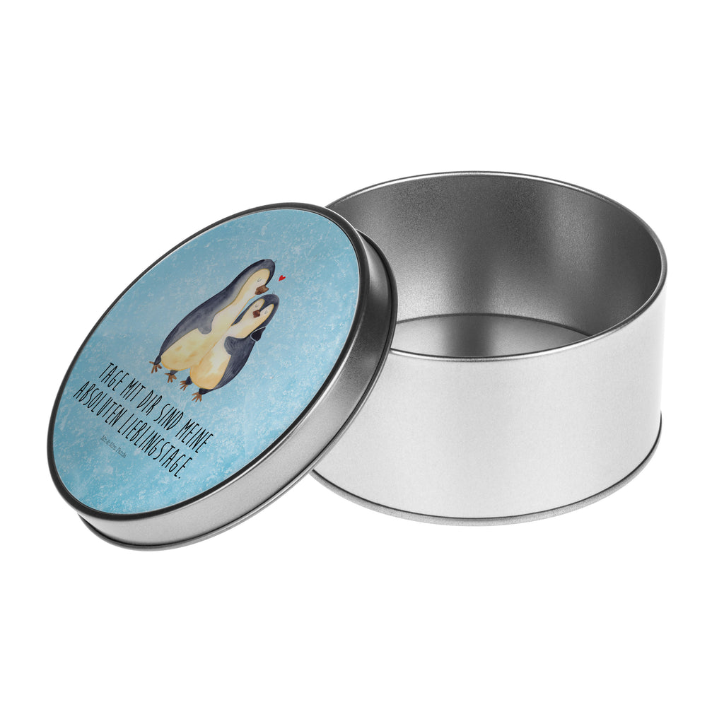Blechdose rund Pinguin umarmend Metalldose, Keksdose, Dose, Vorratsdose, Geschenkbox, Pinguin, Liebe, Liebespaar, Liebesbeweis, Liebesgeschenk, Verlobung, Jahrestag, Hochzeitstag, Hochzeit, Hochzeitsgeschenk